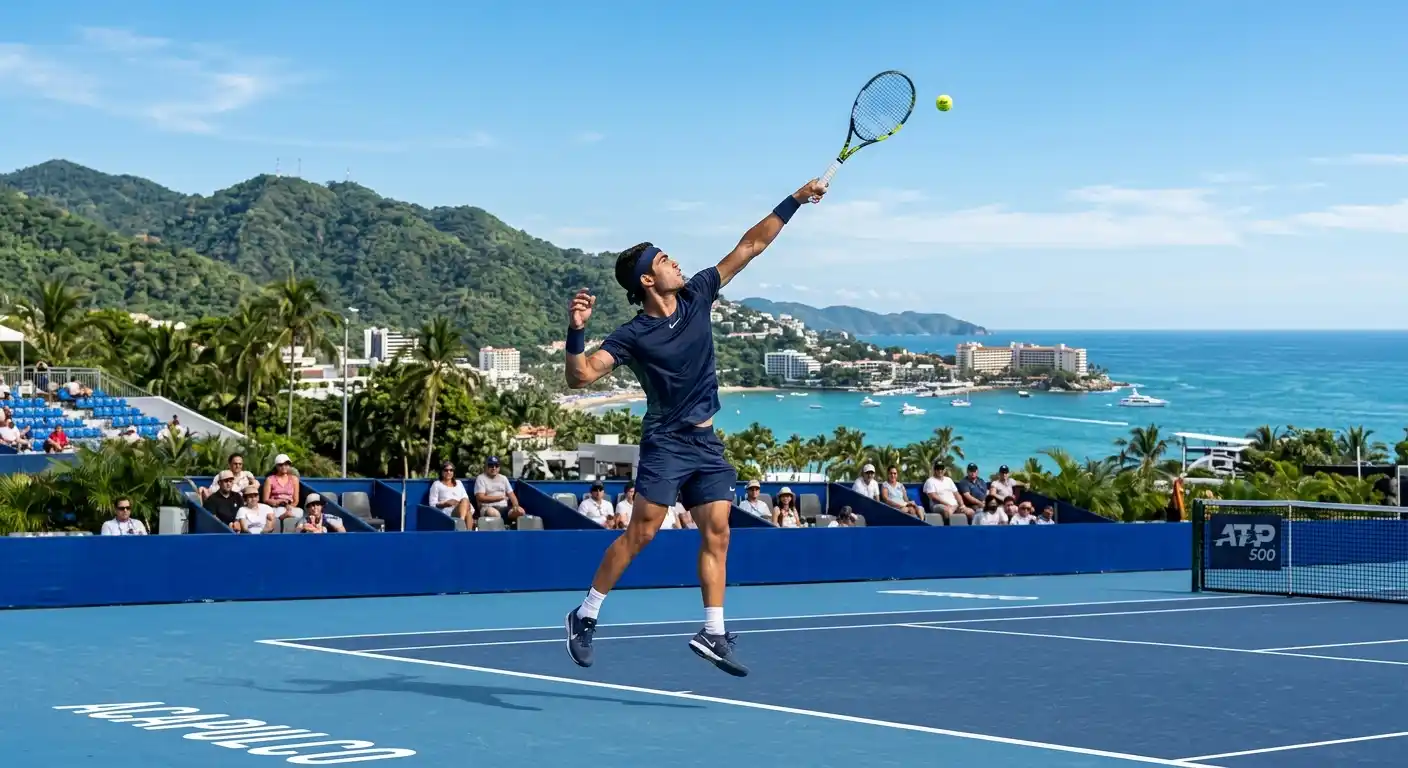 Tennisturnier auf Hochlagen-Hartplatz in Acapulco mit sichtbarer Bergkulisse