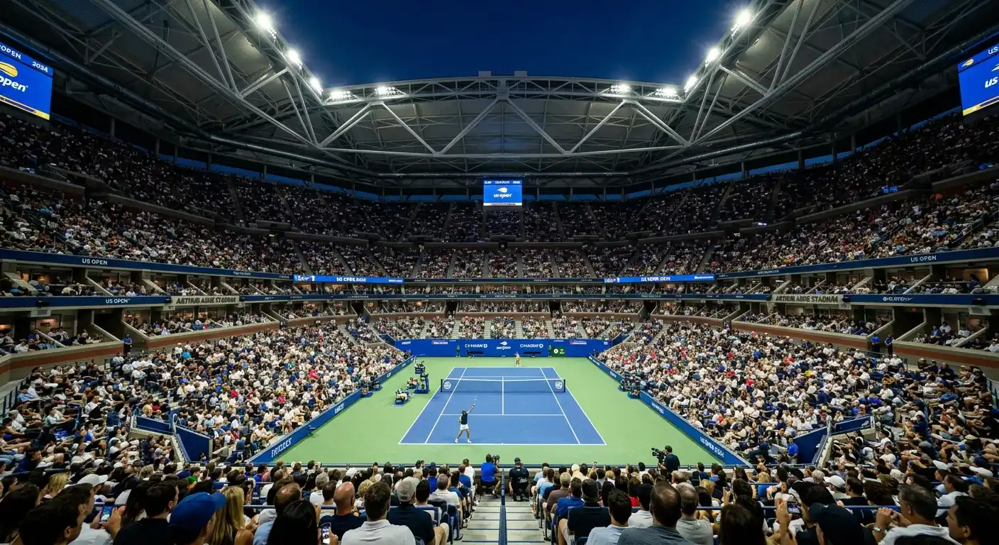 Arthur Ashe Stadium bei Nacht mit Flutlicht und vollbesetzten Tribünen beim US Open