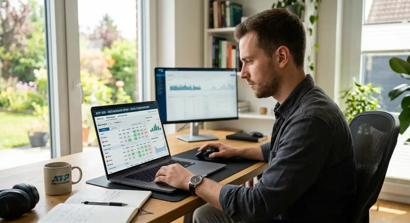 Tennisanalyst prüft Quoten-Ineffizienzen bei ATP 500 Turnier auf Laptop