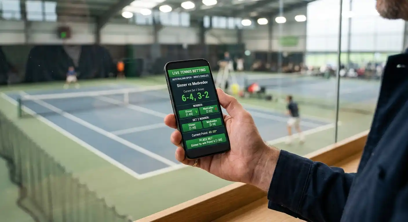 Tennis-Livewetten auf dem Smartphone neben dem Tennisplatz