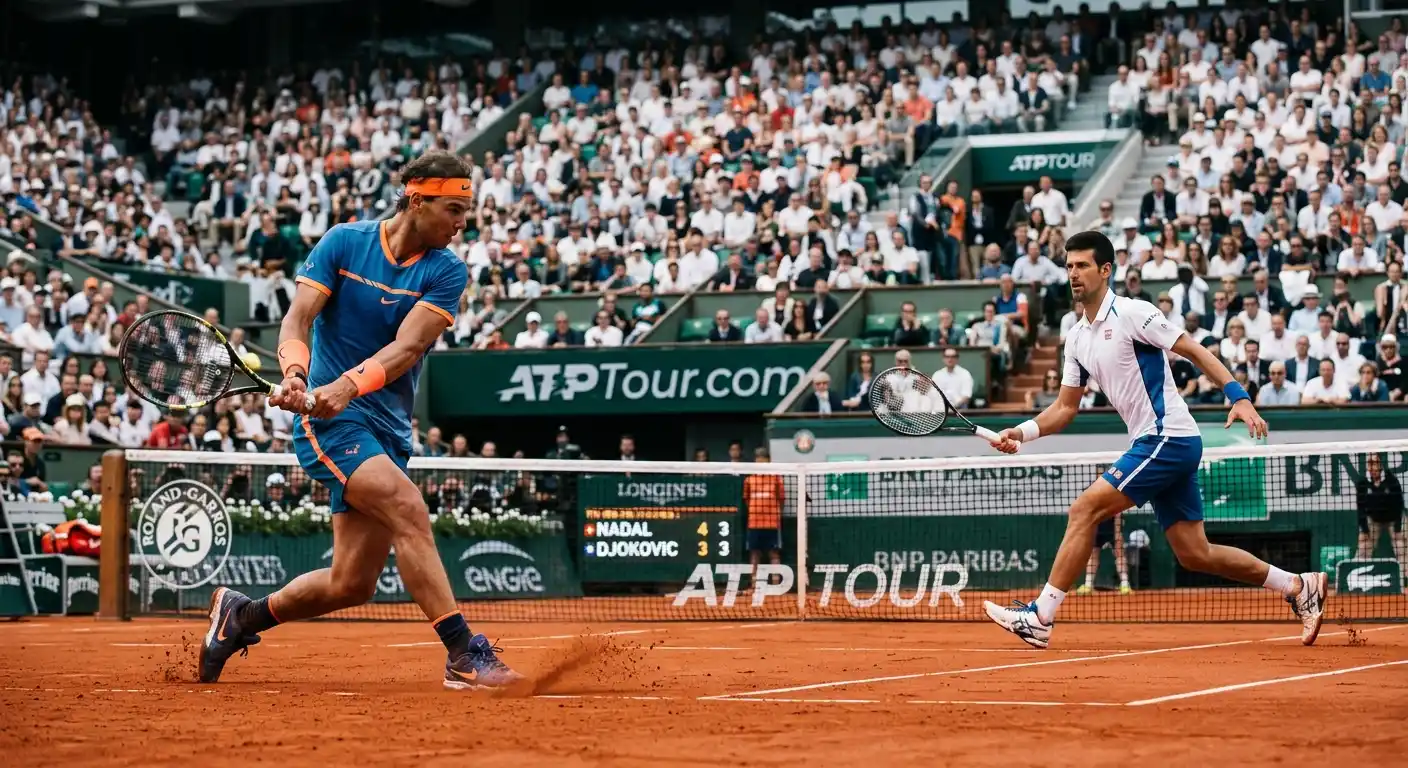 Tennisprofi im intensiven Grundlinien-Duell auf Sandplatz beim Masters