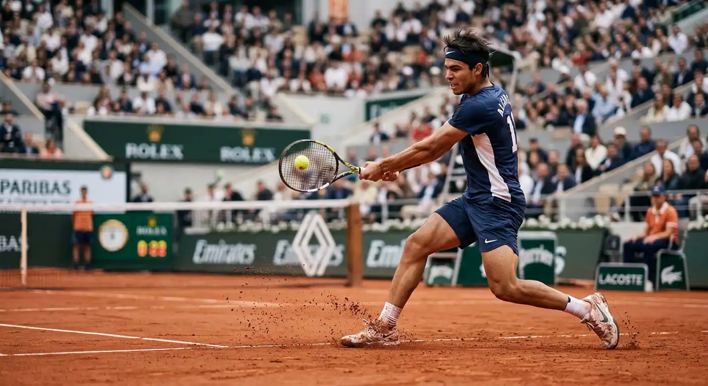 Sandplatz ATP-Tennis: Topspin-Grundlinienspieler im intensiven Ballwechsel auf rotem Sand