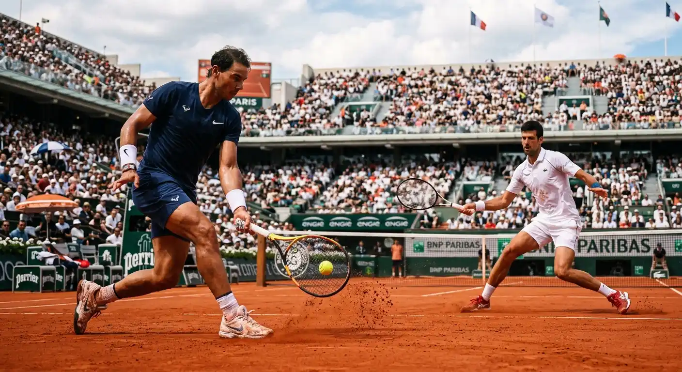 Intensiver Topspin-Grundlinienaustausch auf Roland-Garros-Sandplatz