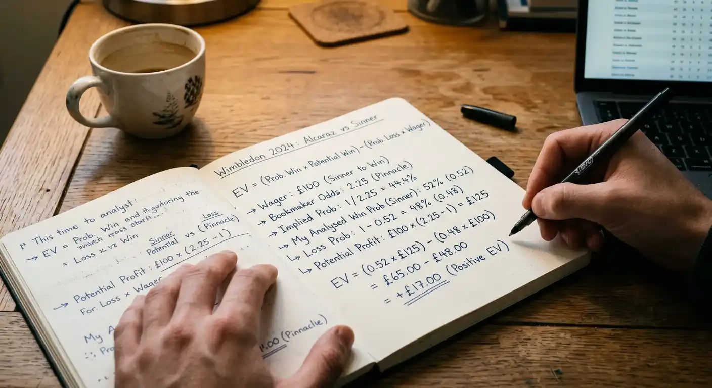 Schreibtisch mit Tennis-Wettnotizen und handschriftlicher EV-Berechnung