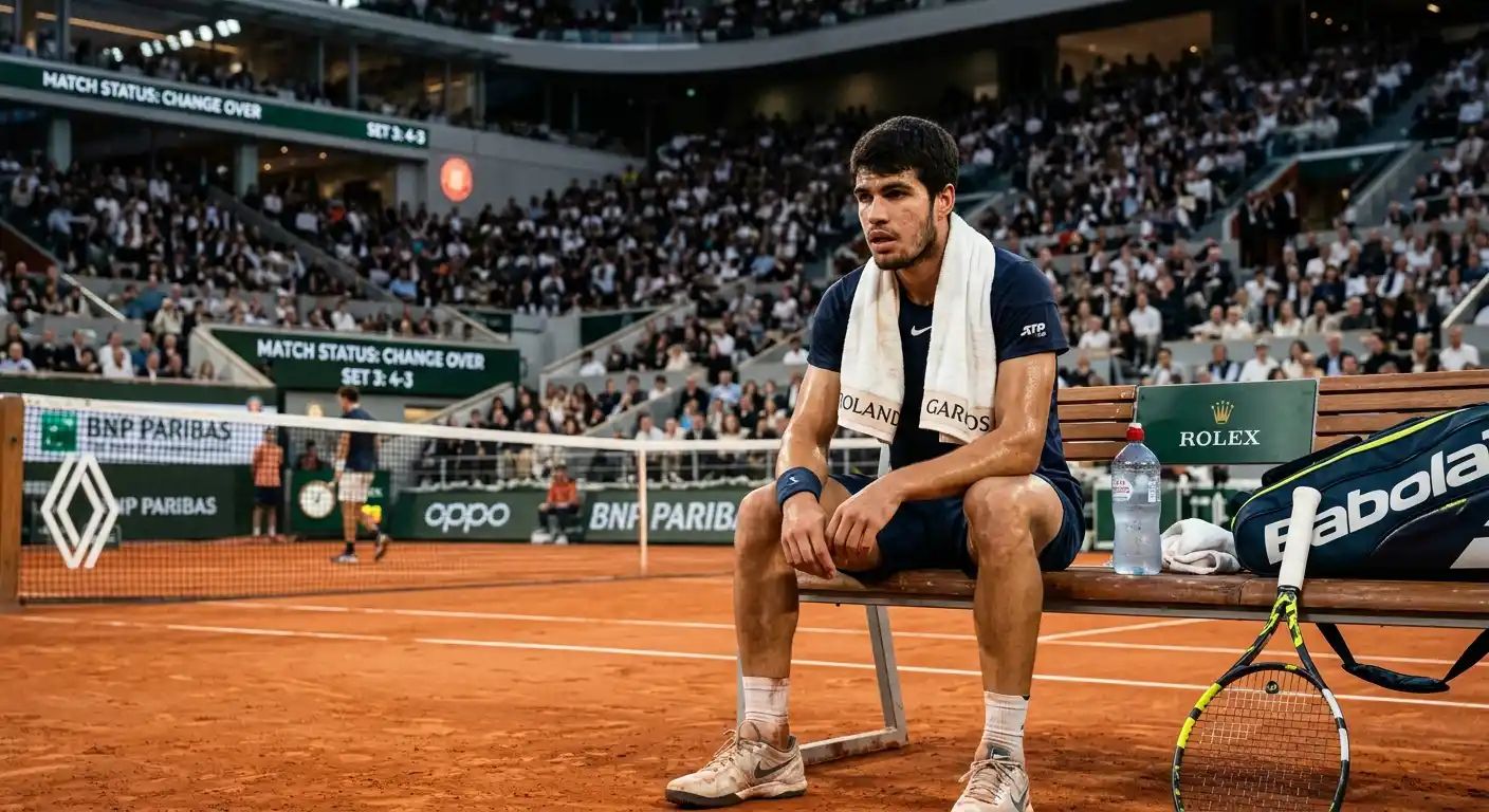 Tennisprofi erschöpft nach langem Fünf-Satz-Match beim Grand Slam