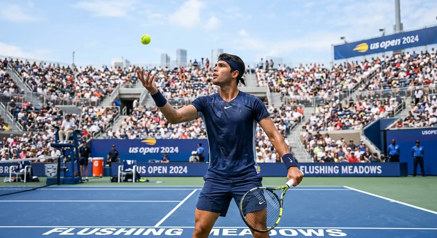 Tennisspieler bei Hitze und Wind auf Außenplatz bei Flushing Meadows US Open