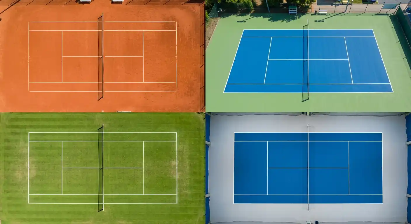 Vier verschiedene Tennisplatzbeläge — Sand, Rasen, Hartplatz im Vergleich