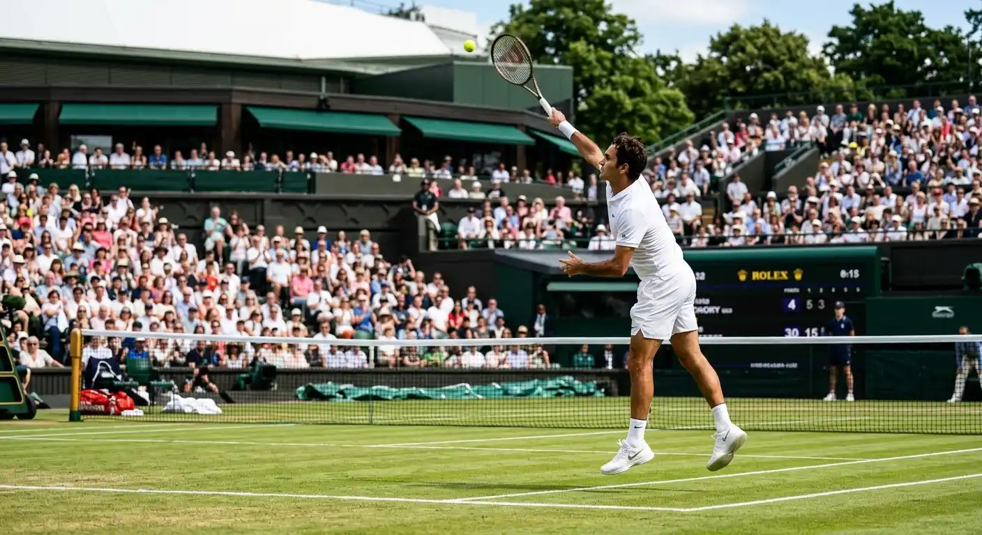 Aufschlag-Dominanz auf Rasen bei Wimbledon — Spieler beim kraftvollen Service