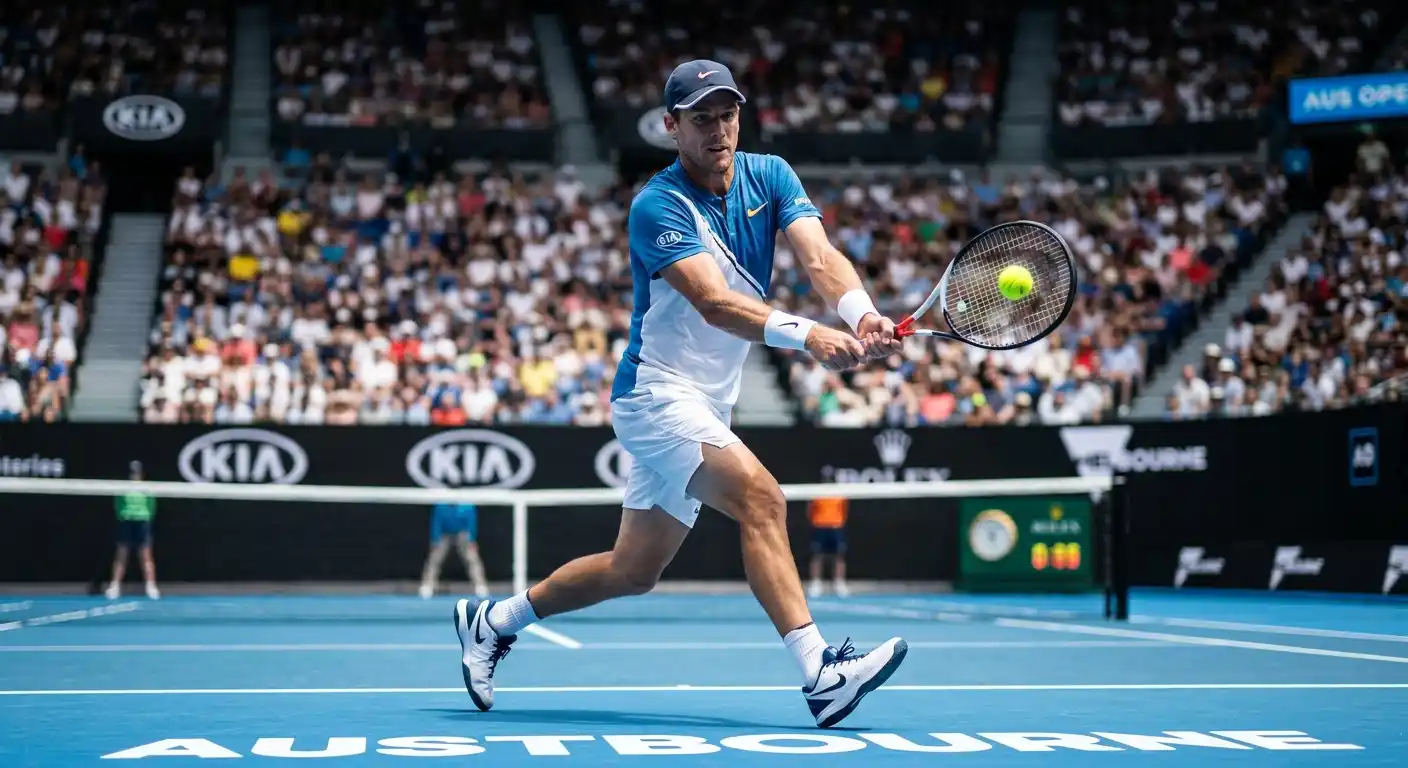 Tennisprofi spielt starken Topspin-Grundschlag auf Hartplatz in Melbourne