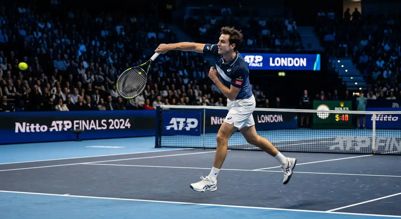 Tennisspieler mit aggressivem Aufschlag auf Indoor-Hartplatz beim Saisonfinale