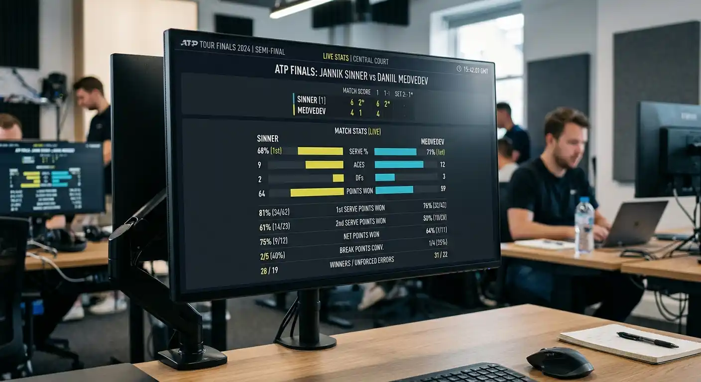 Live-Tennis-Statistiken auf Monitor während Grand-Slam-In-Play-Wetten