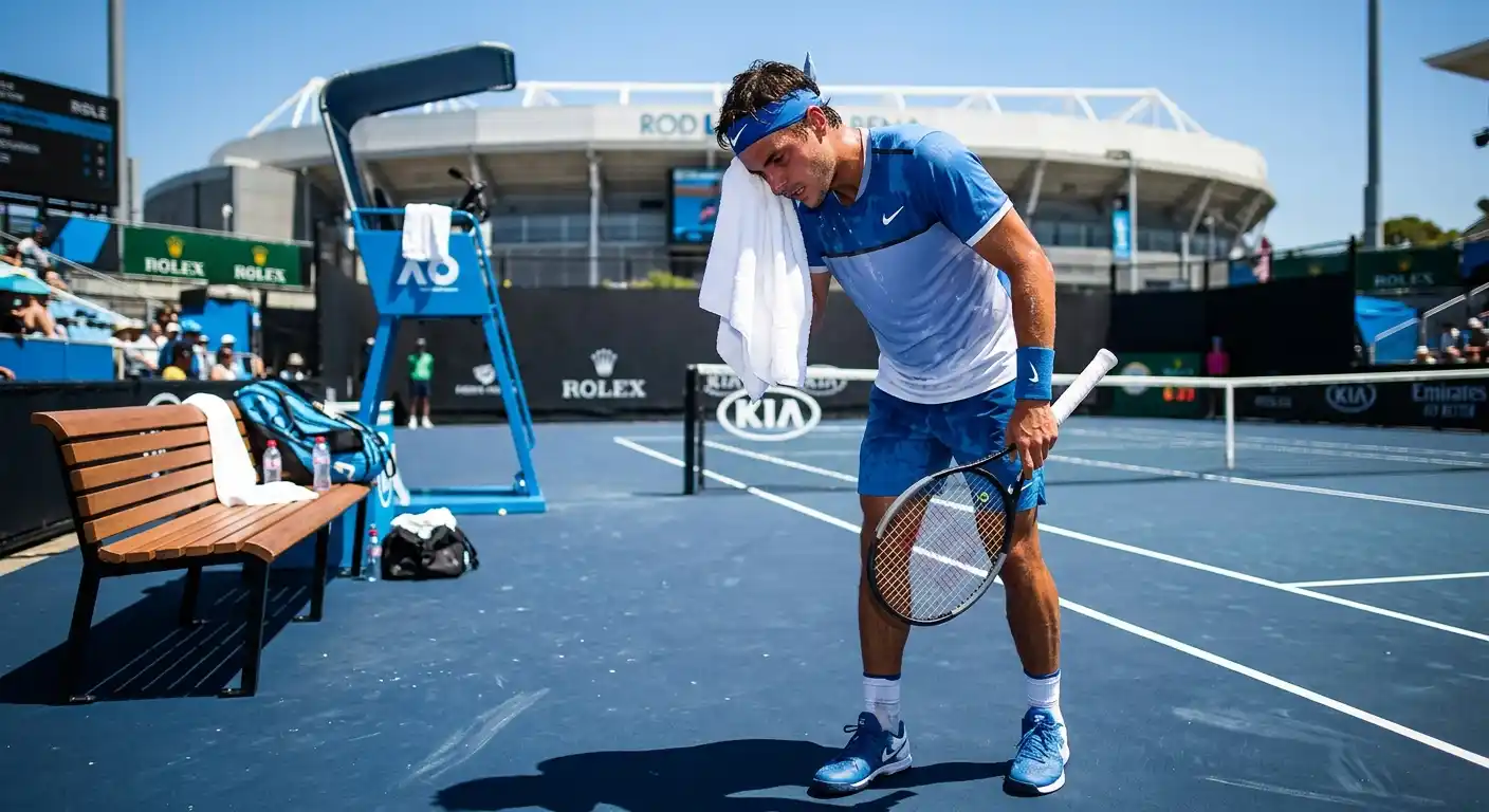 Tennisspieler unter extremer Hitze auf Hartplatz in Melbourne beim Australian Open