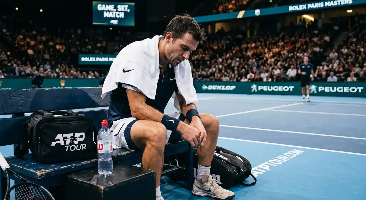Tennisprofi erschöpft auf Bank bei Indoor-Hartplatz-Turnier am Saisonende