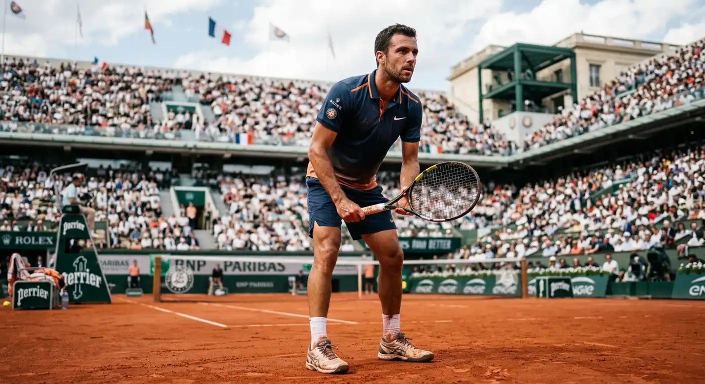 Tennisspieler zeigt Taktikdisziplin im entscheidenden Moment bei Roland Garros