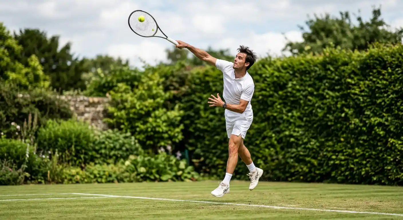 Tennisspieler schlägt Aufschlag-Ass auf Rasenplatz bei Wimbledon