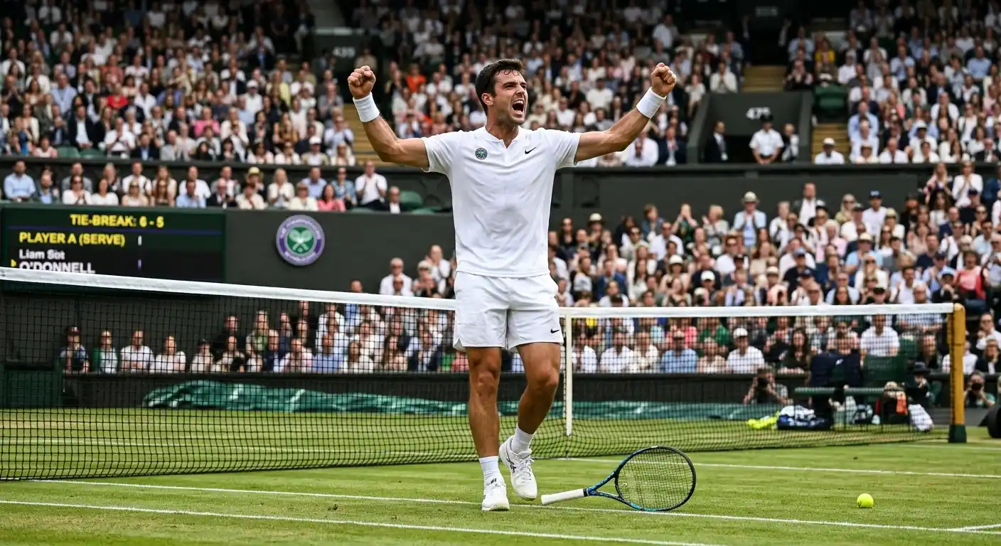 Tennisspieler schlägt Ass beim Wimbledon-Tie-Break auf Rasen-Mittelfeld